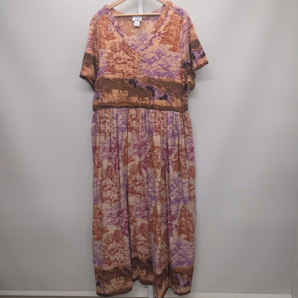 Vintage Only Necessities Womens 1X Horse Print Cotton Maxi Dress V-Neck Purple